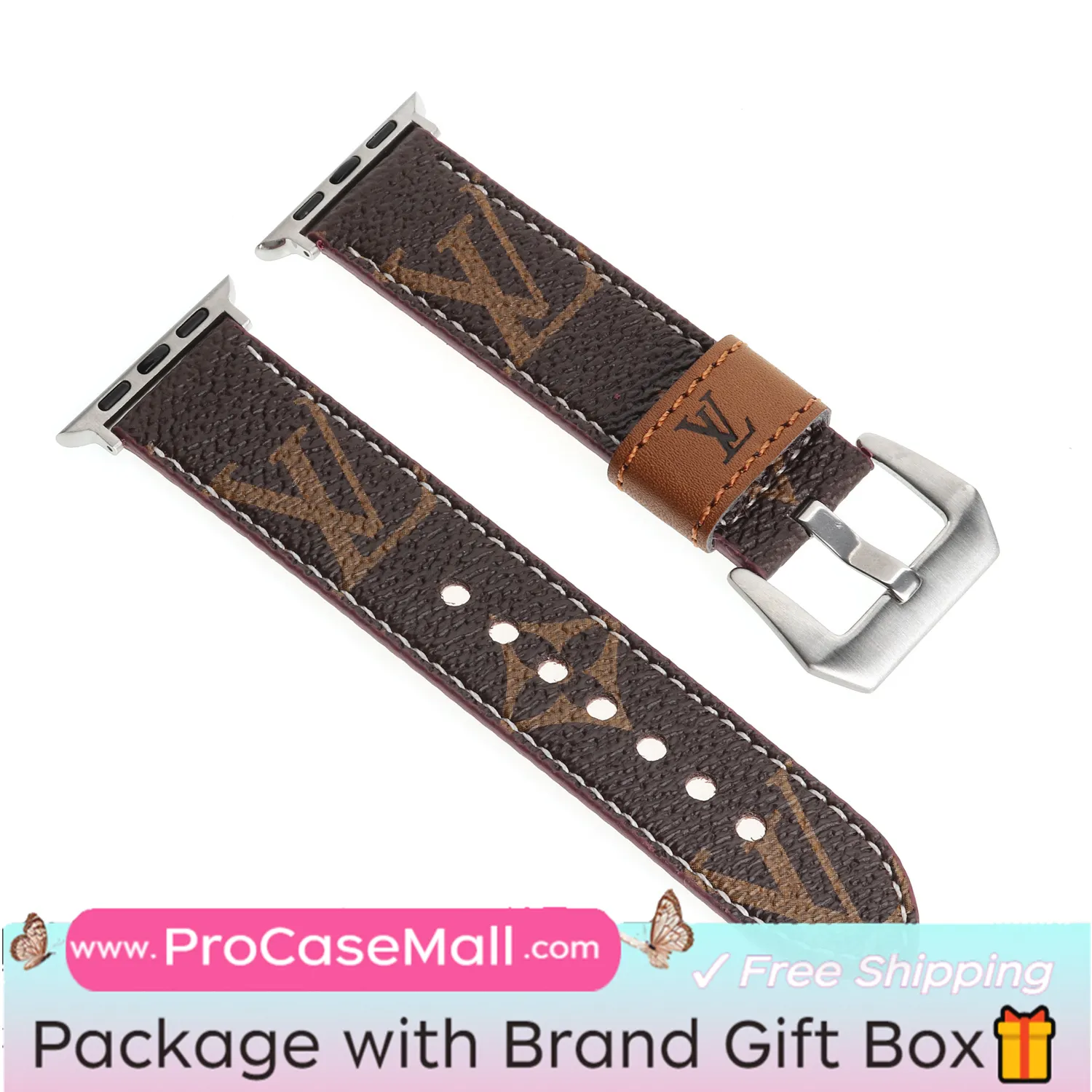 LV Genuine Leather Monogram Canvas Apple Watch Strap Checkerboard Canvas
