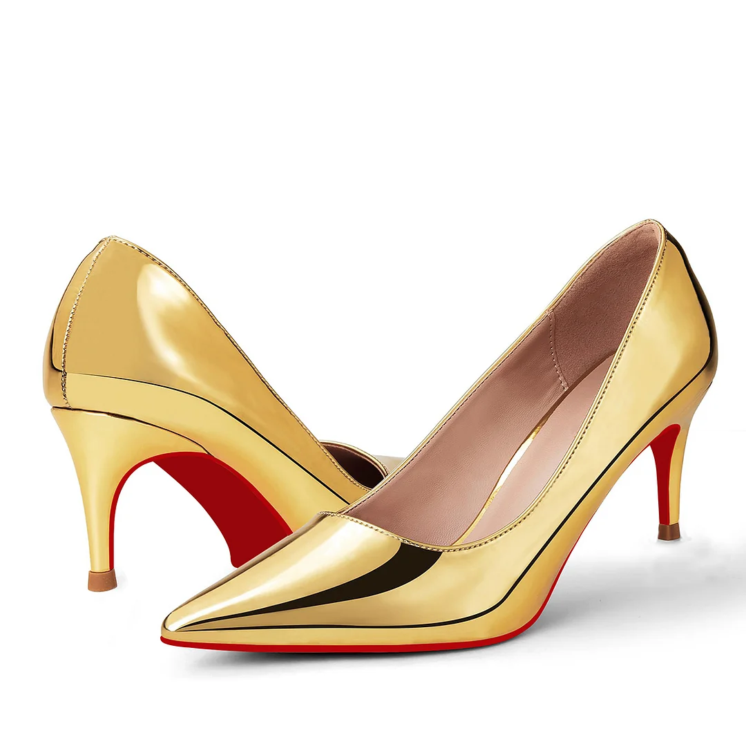 2.36"  Pointed Toe Red Bottom Kitten Heels Daily Patent Pumps for Women-MERUMOTE