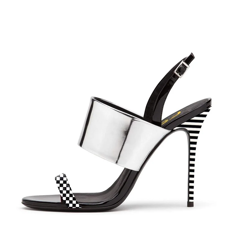 Silver Slingback Stiletto Heels with Open Toe in Black and White Plaid Sandals Vdcoo