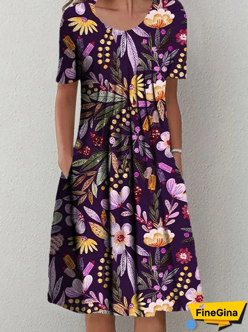 Women Short Sleeve Scoop Neck Floral Printed Pockets Midi Dress