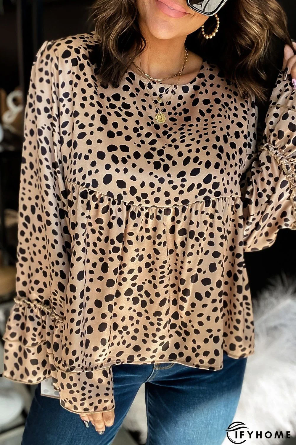 Leopard Satin Flared Sleeve Peplum Blouse | IFYHOME