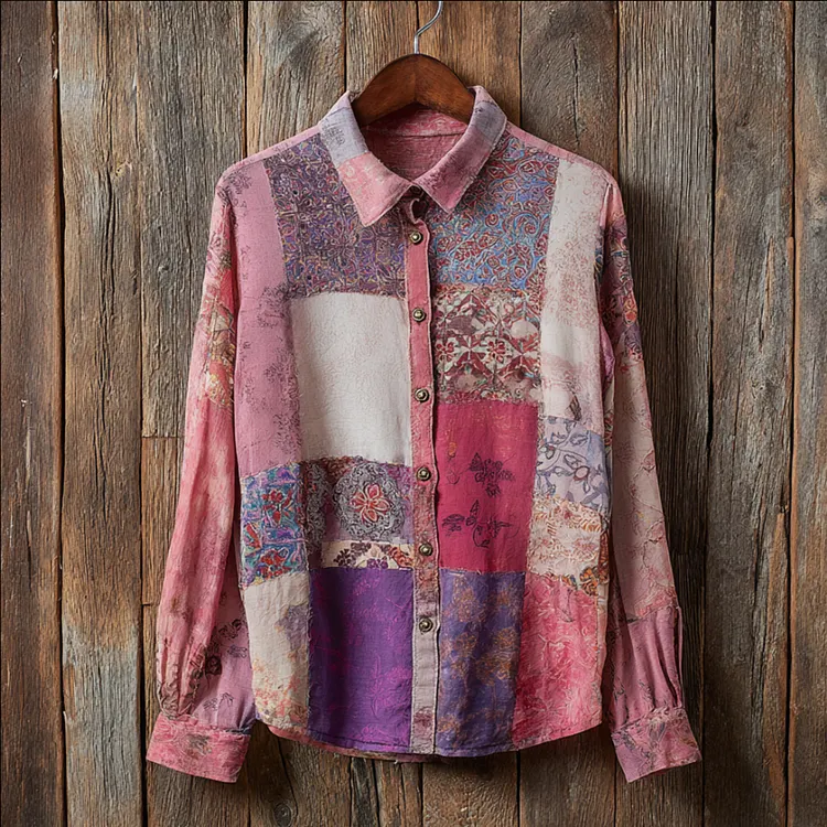 Boh&egrave;me Style Patchwork Floral Open Bright Color Button-down Shirt