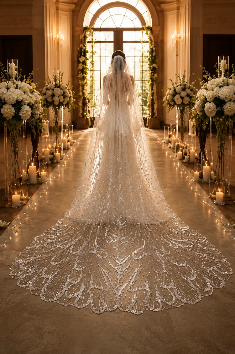 3.5-meter veil Luxury Sparkling Sequin Embroidered Cathedral Wedding Veil &ndash; Long Bridal Veil with Elegant Lace Detail
