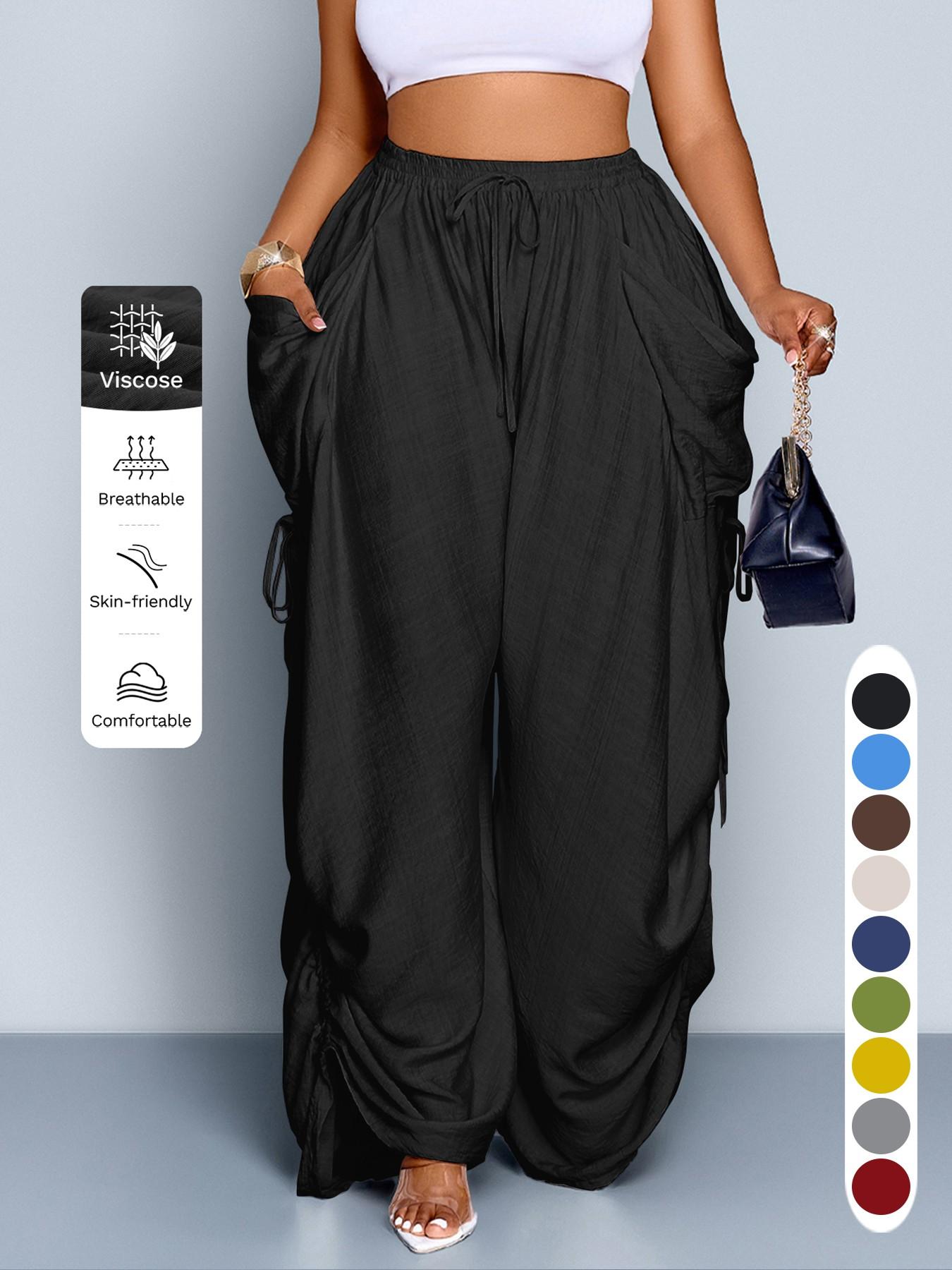 Women's Casual Loose-Fit Wide Leg High Waist Pants, All-Season Woven Fabric, Long Plain Design, Daily Commute & Vacation Wear