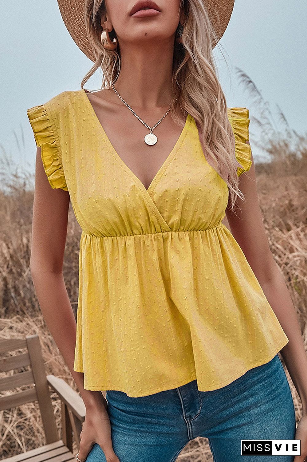 Elegant Solid Stringy Selvedge V Neck Tops