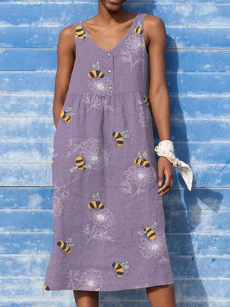 Women's Funny Bee Art Print Sleeveless Cotton And Linen Dress