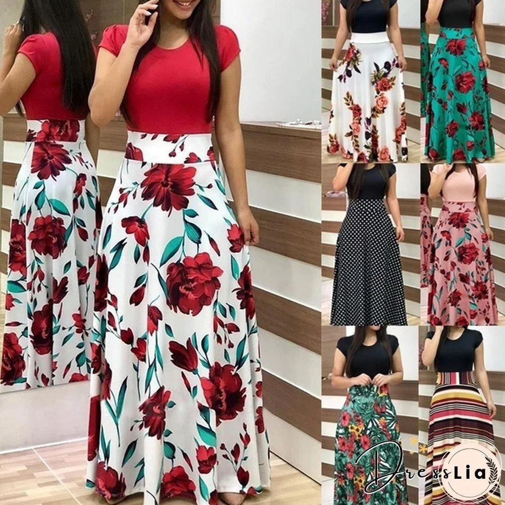 Women Fashion Floral Maxi Dress Lace Up Flower Printed Boho Short Sleeve Long Dress Plus Size S-5XL