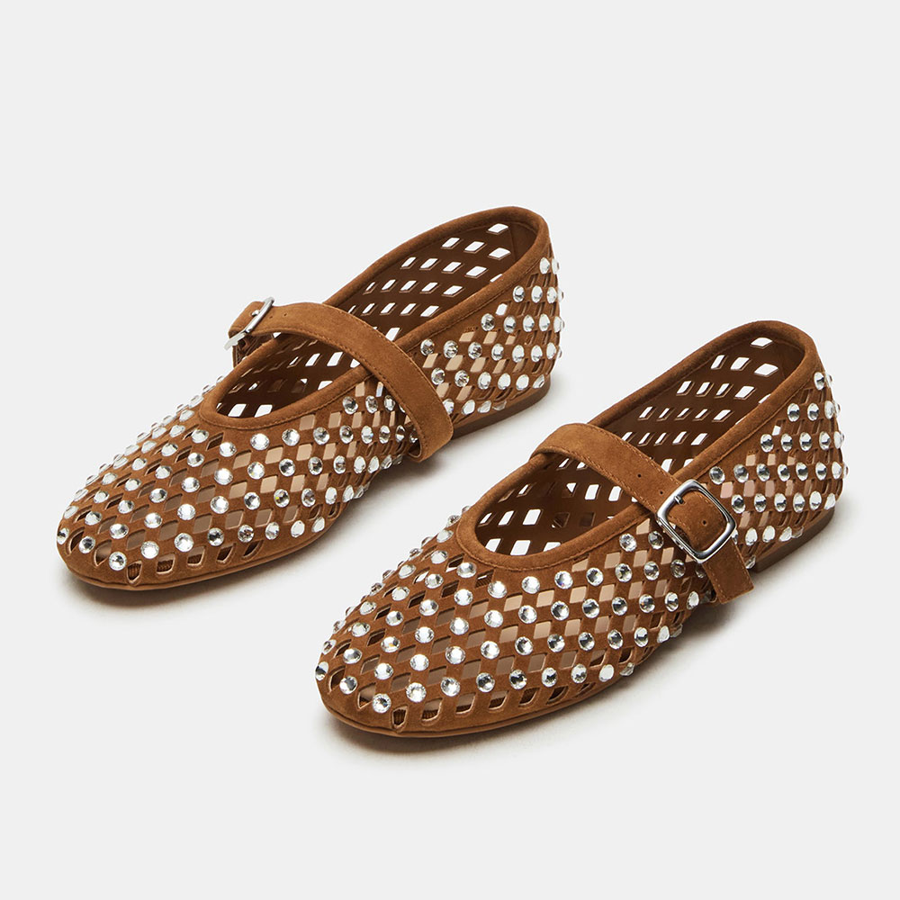 Brown Rhinestone Cut-Out Buckle Strap Flat Mary Jane Shoes for Women Nicepairs