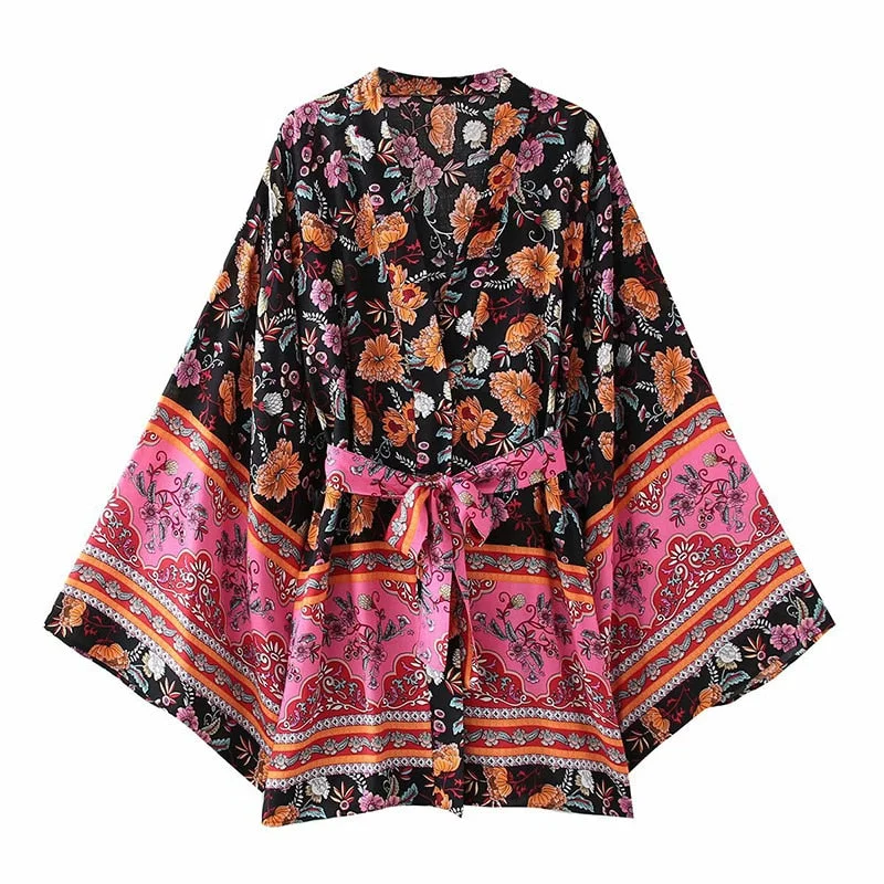 Fitshinling Cotton Vintage Kimono Women Vintage Beach Cover Up Print Floral Slim Cardigan With Sashes Flare Sleeve Boho Blouse