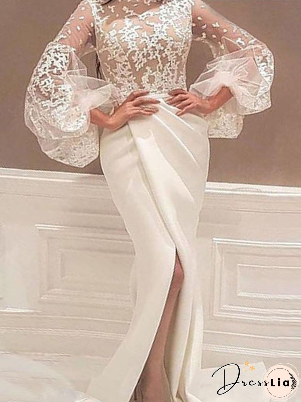 Women's Sheath Dress Maxi long Dress White Long Sleeve Solid Color Split Mesh Lace Fall Turtleneck Sexy Party Flare Cuff Sleeve Slim S M L XL XXL White Dresses