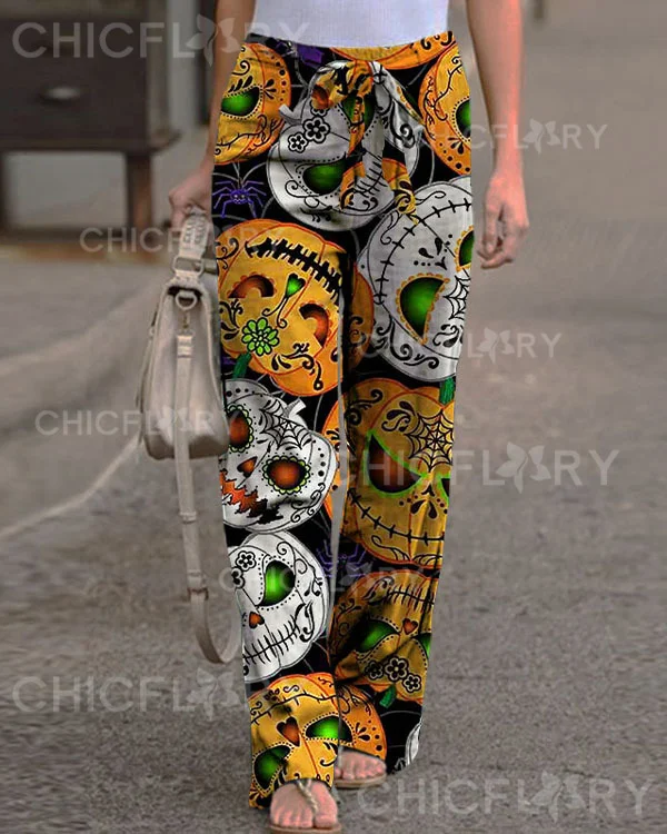 Women's Halloween Pumpkin Print Baggy Pants