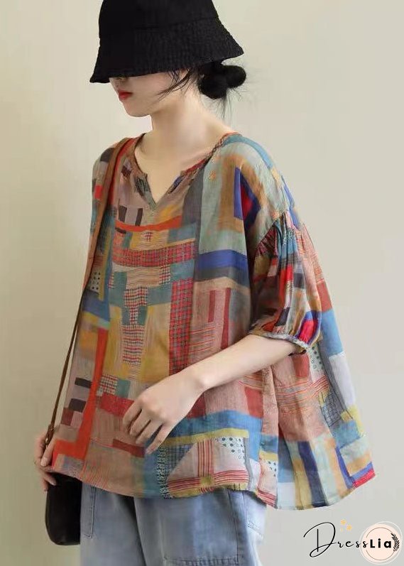 Plus Size V Neck Geometric Print Patchwork Linen T Shirts Top Summer