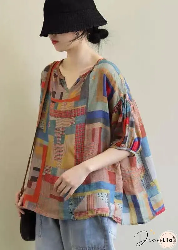 Plus Size V Neck Geometric Print Patchwork Linen T Shirts Top Summer