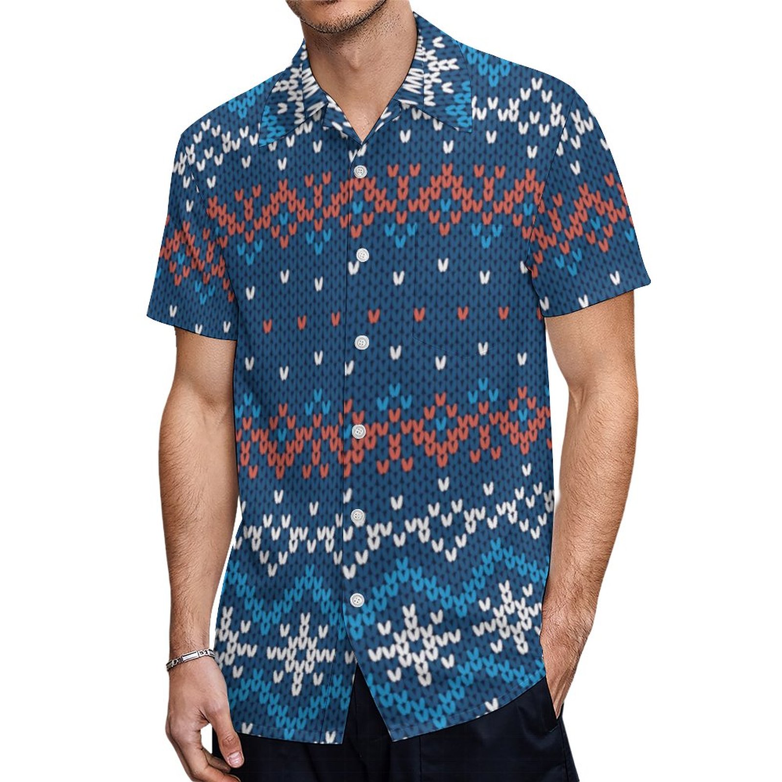 Blue And Red Winter Sweater Knitting Pattern Hawaiian Shirt Mens Button Down Tropical Hawaii Beach Shirts