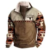 💥 2025 Hot Sale! Mens Western Fleece Jacket Cowboy Bull Head Print Pullover 1/4 Zip Up Stand Collar Country Sweatshirts Western Gifts For Men With Pocket
