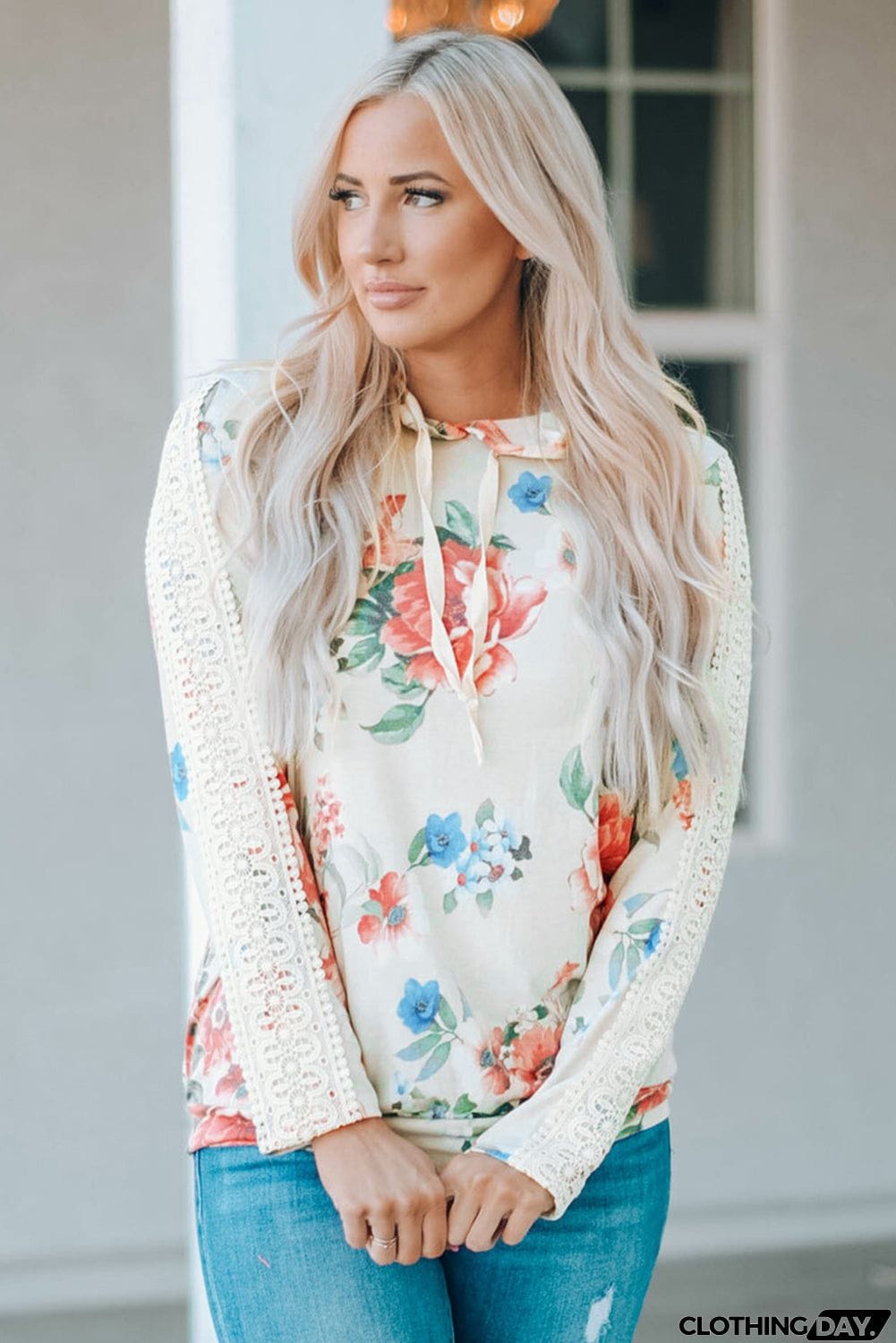 Apricot Floral Print Lace Contrast Long Sleeve Hoodie