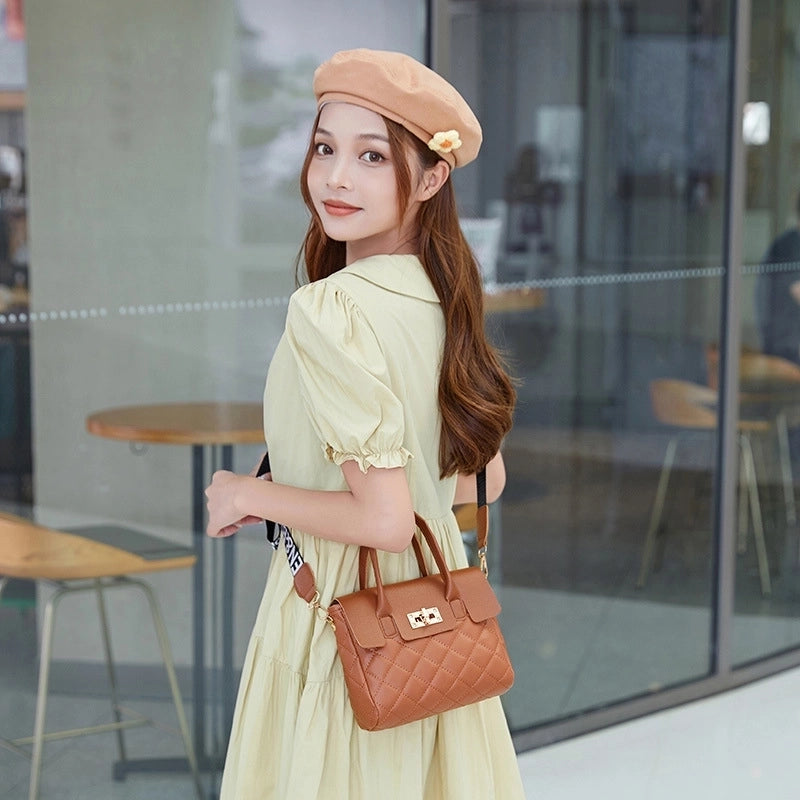 Women’s Small Pu Leather Solid Color Classic Style Square Lock Clasp Handbag