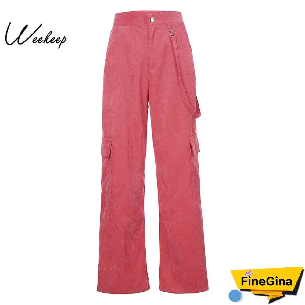 Weekeep Women Casual Pockets Patchwork Cargo Pants High Waist Straight Trousers Women Pants