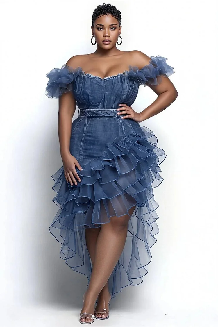 Xpluswear Design Plus Size Party Blue Off The Shoulder Contrast Split Tencel Denim Midi Dresses [Pre-Order] 2024 - Xpluswear