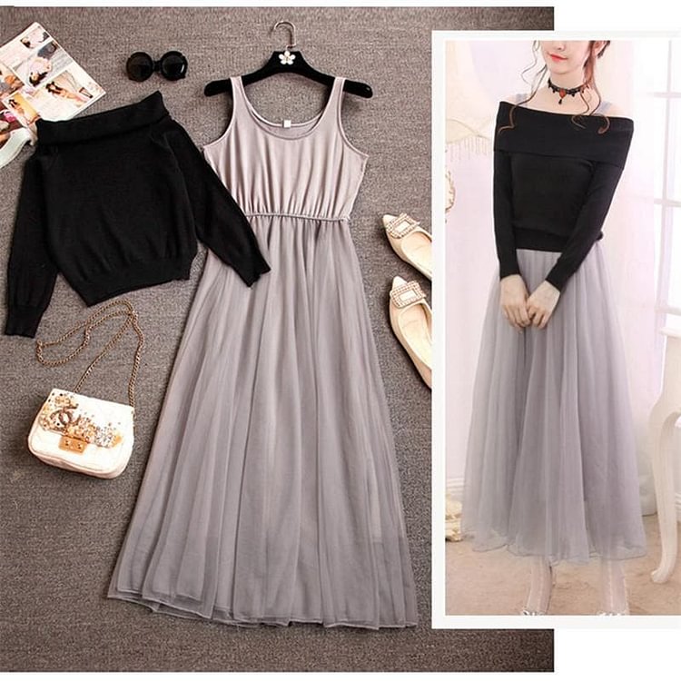 Pink/Beige/Black/White Fairy Off-Shoulder Sweater Dress SP1710933