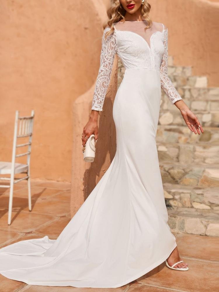 Promsstyle Promsstyle Deep v neck lace splice elegant white mopping hem wedding dress
