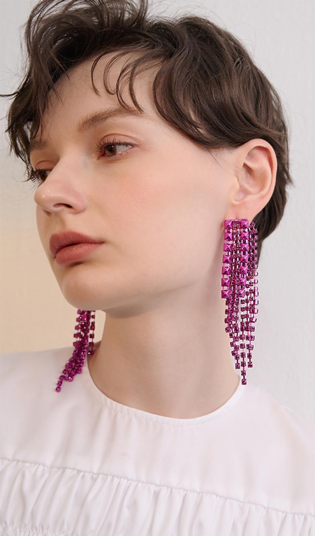 Arnau Dark Violet Rhinestone Tassel Earrings