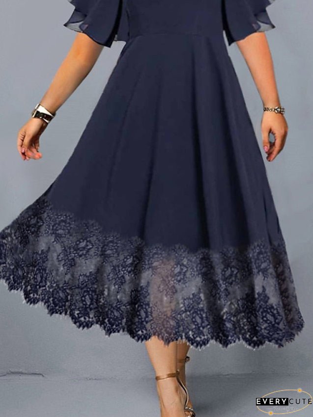 Plus Size Casual Dress Lace Dress Chiffon Dress Solid Color Long Dress Maxi Dress Short Sleeve Lace V Neck Fashion Outdoor Navy Blue Summer Spring L XL XXL 3XL 4XL for Women