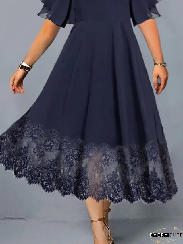 Plus Size Casual Dress Lace Dress Chiffon Dress Solid Color Long Dress Maxi Dress Short Sleeve Lace V Neck Fashion Outdoor Navy Blue Summer Spring L XL XXL 3XL 4XL for Women