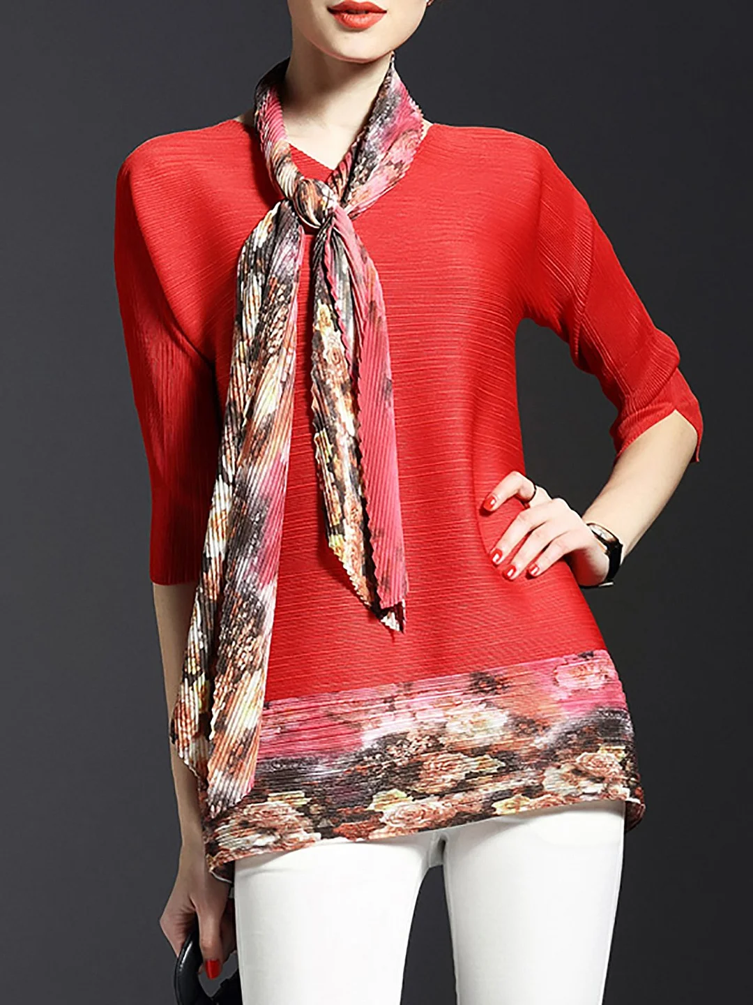 Printed Pleated Crew Neck 3/4 Sleeve Tunics
