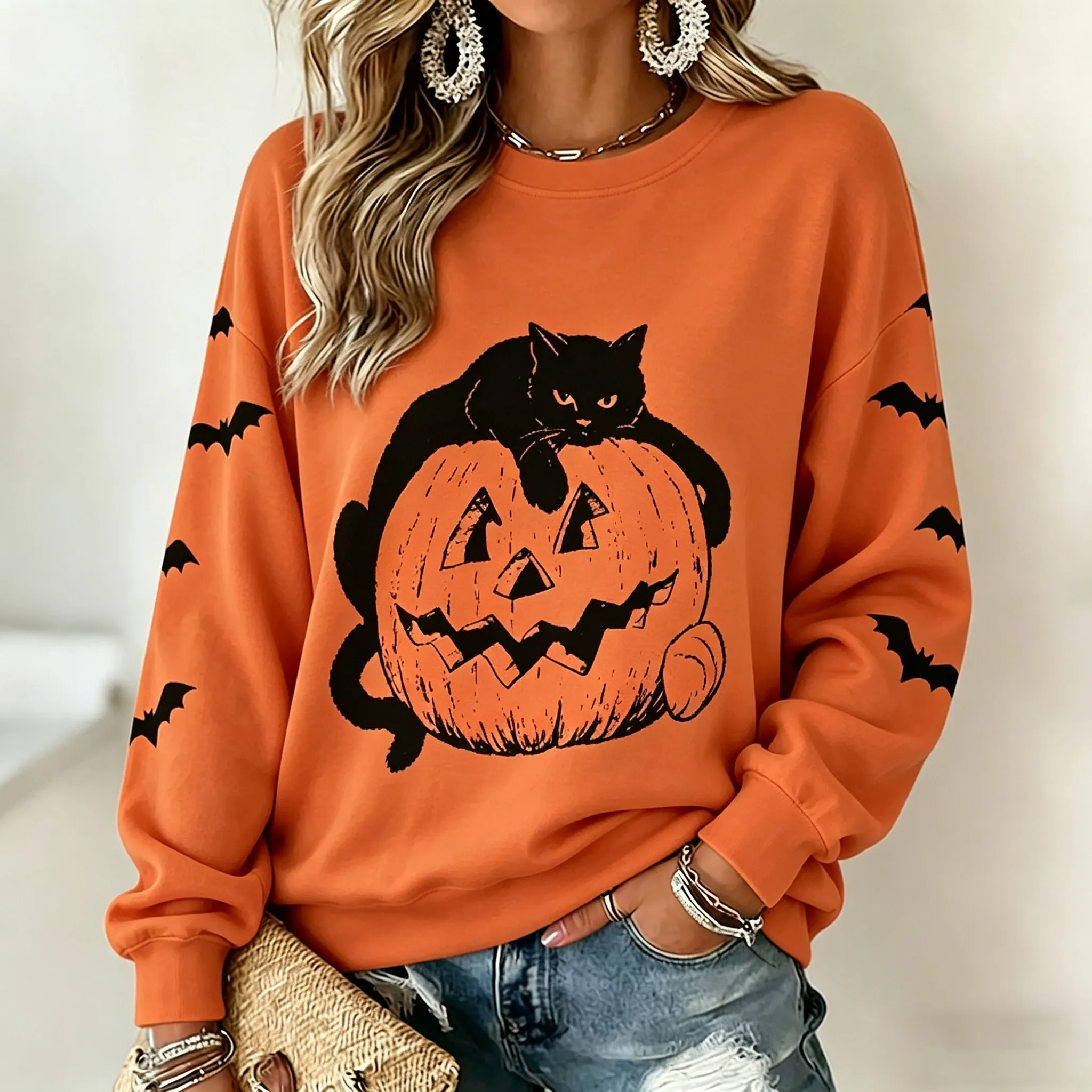 Comstylish Women's Retro Halloween Cat Print Casual Sweatshirt