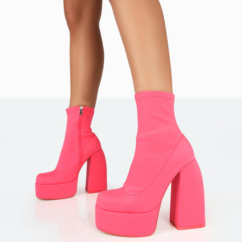 Hot Pink Chunky Heel Ankle Boots Classic Round Toe Platform Booties ...