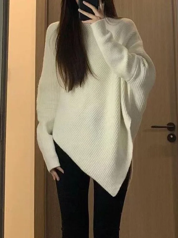 Long Sleeves Loose Asymmetric Solid Color Velvet High Neck Knitwear Pullovers Sweater Tops