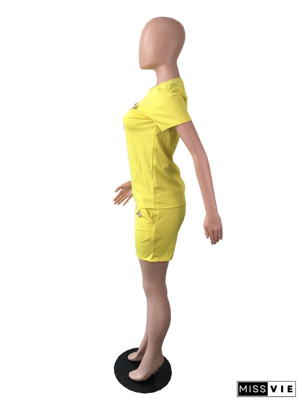 Summer Fashion New Bees Decorative Solid Color Short Sleeve T Shirt Pocket Shorts 2 Piece Set