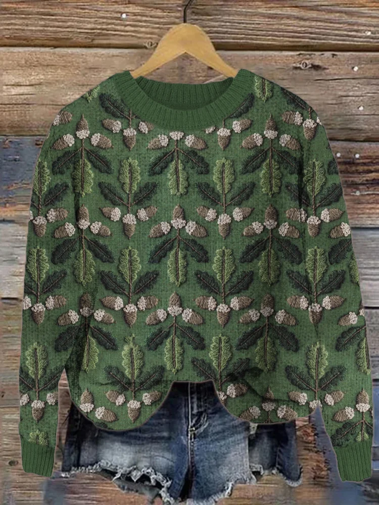 🔥kukelife🔥Pinecone Leaves Embroidery Cozy Sweater