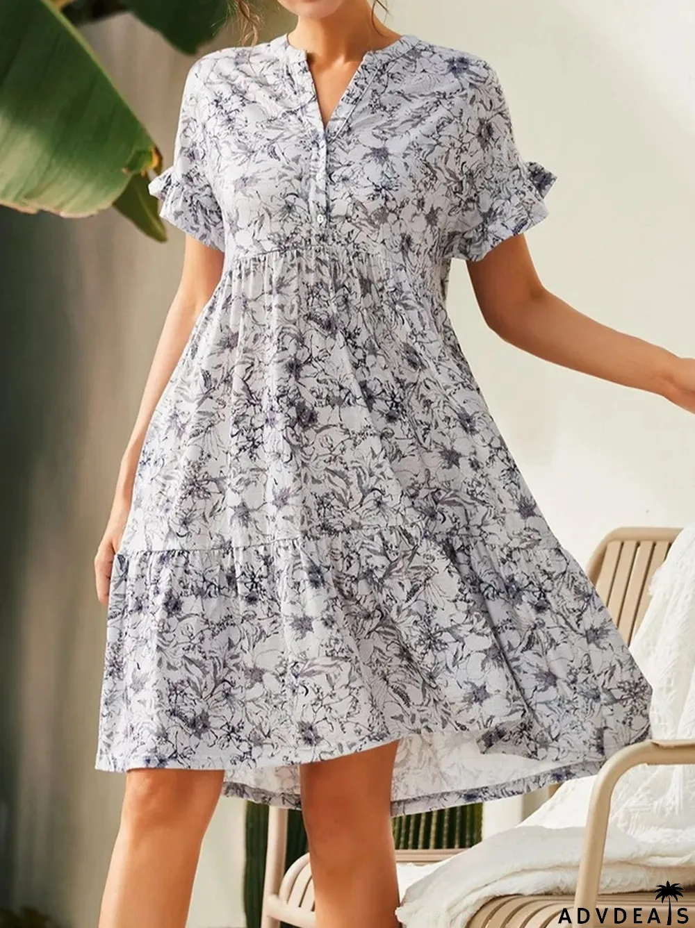 Deep V Neck Button Print Loose Bell Sleeve A-Line Casual Dress