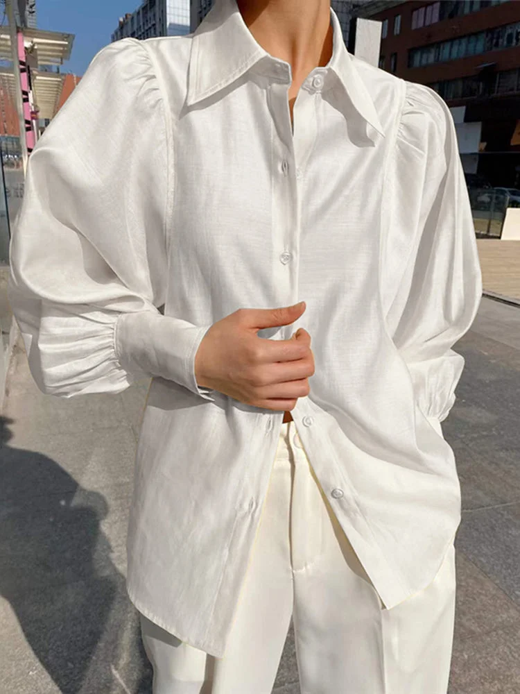 Puff Sleeve Solid Color Long Sleeve Casual Shirt For Women SKUI96033 QueenFunky