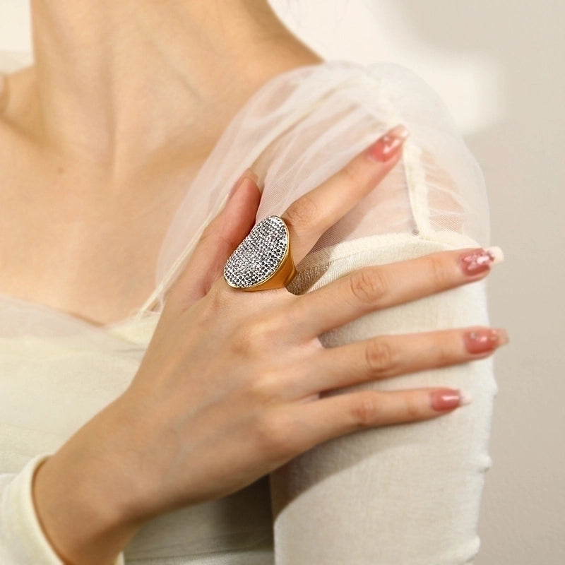 Casual Minimalist Oval Titanium Steel Plating Inlay Rhinestones 18k Gold Plated Rings