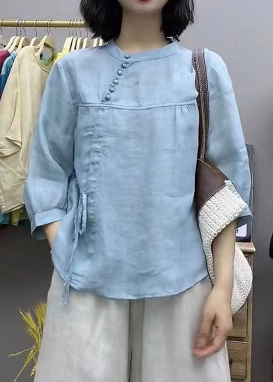VCSHOES Loose Blue O Neck Lace Up Patchwork Linen Shirt Bracelet Sleeve