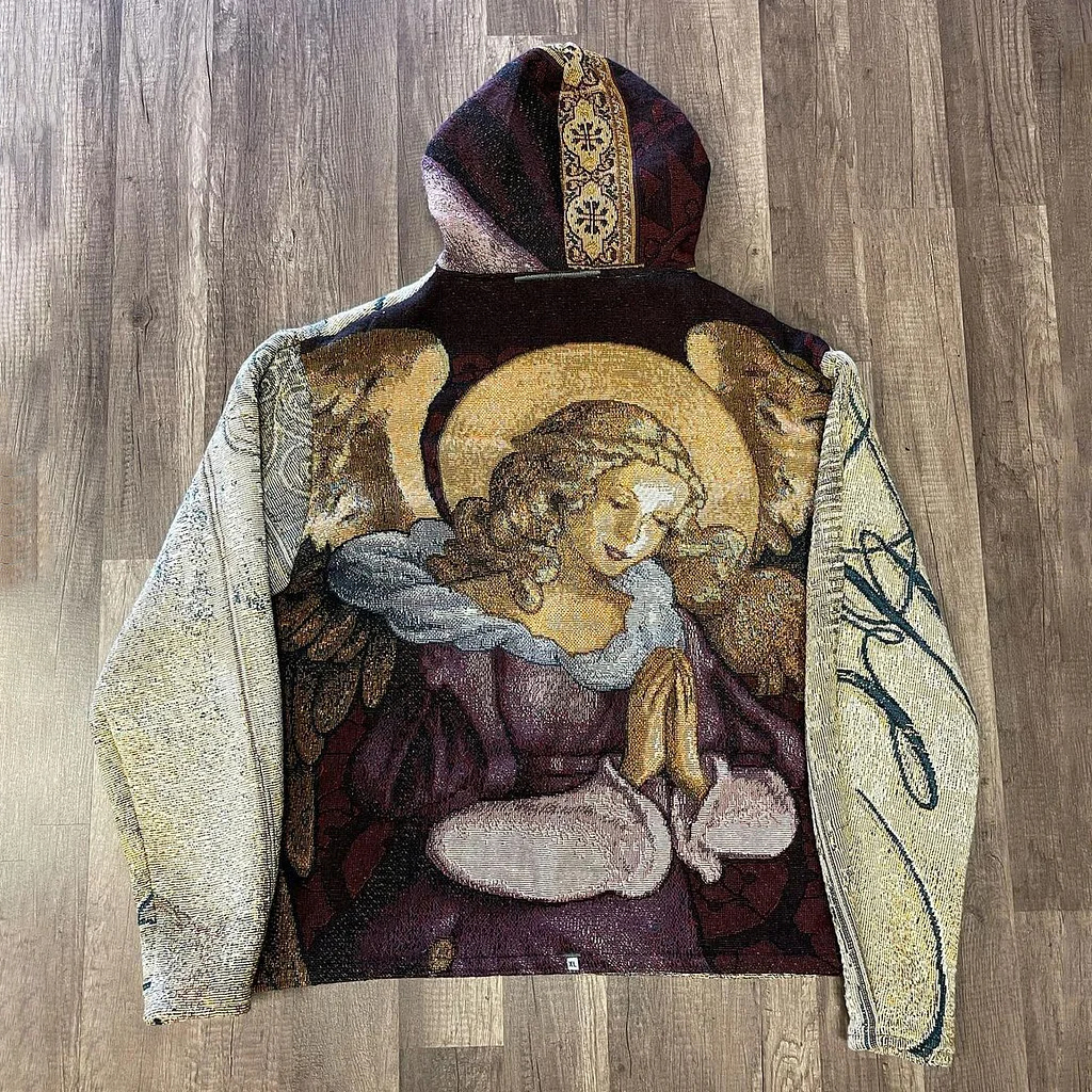 Retro Angel Graphic Print Casual Street Tapestry Knit Hooded Sweater