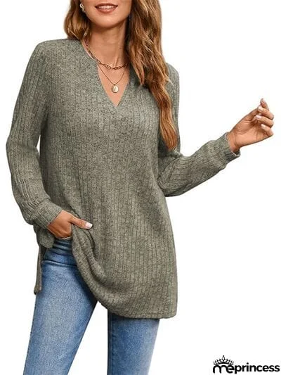Slit Notched Pocketed Long Sleeve T-Shirt