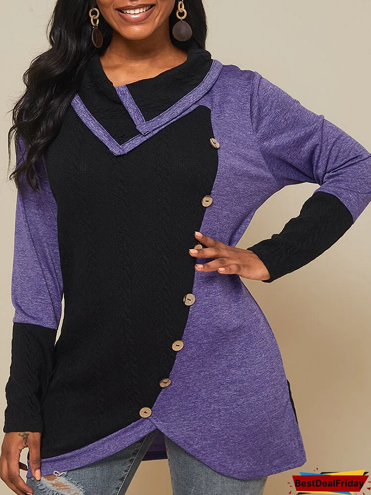 Contrast Color Long Sleeve Asymmetrical Patchwork Sweater For Women
