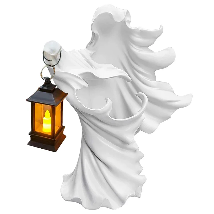Halloween Ghost Light Statue with Lantern Scary Home Garden Decor (White Battery gbfke