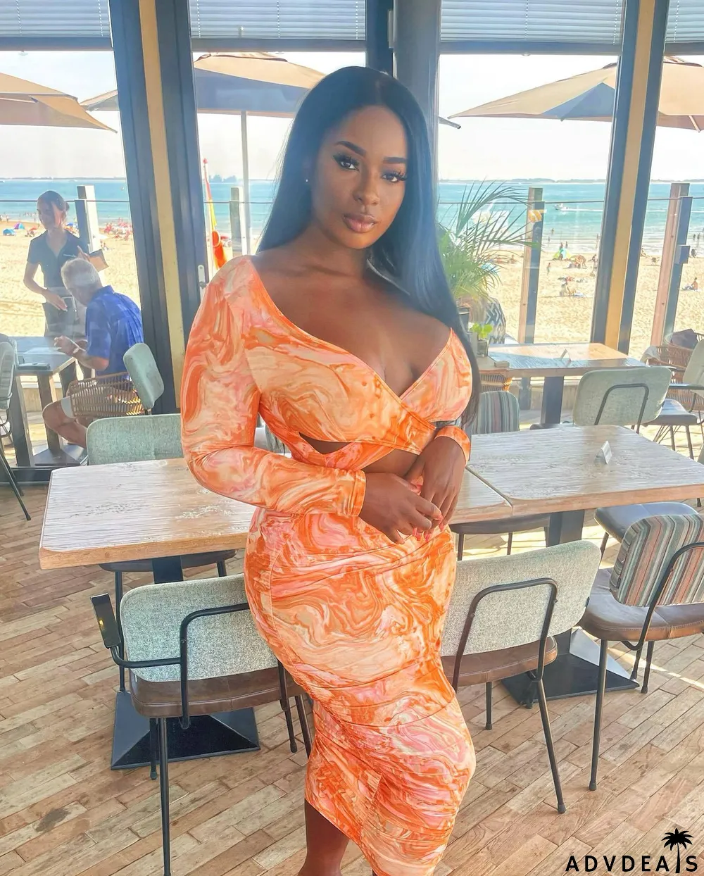 Autumn And Winter Tie-dye Print Hollow Wrinkle Pleated Big V-neck Dress