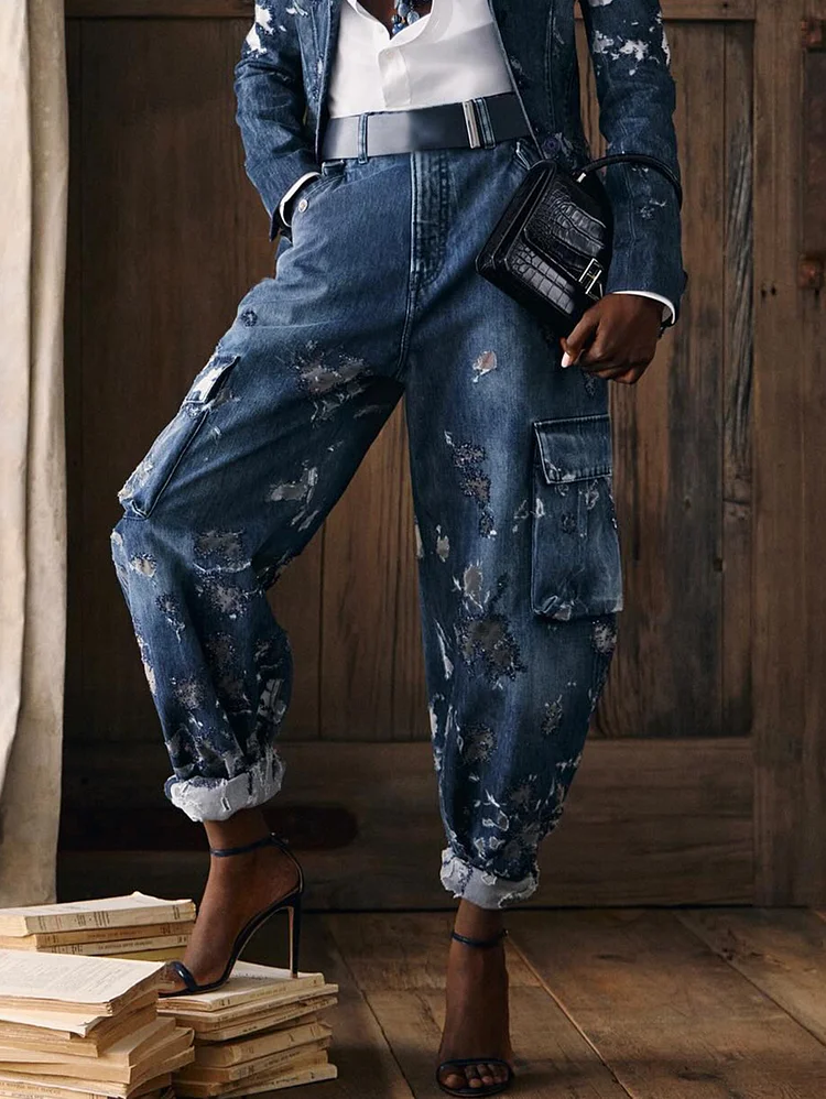 Daily Floral Shadow Side Pocket Denim Cargo Jeans