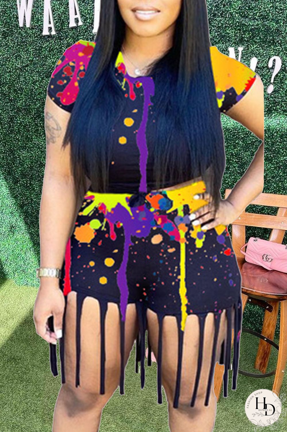 White Casual Print Tassel Split Joint O Neck Short Sleeve Two Pieces