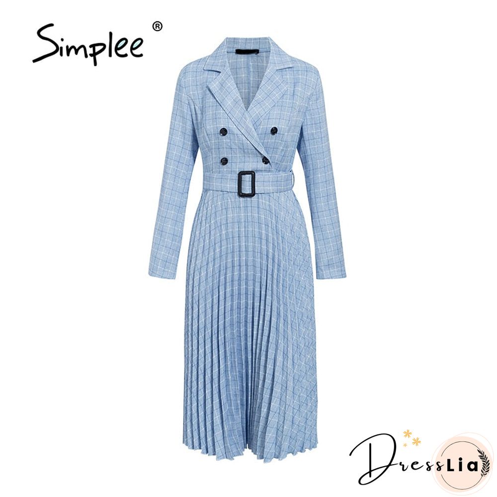 Vintage pleated belt plaid dress women Elegant office ladies blazer dresses Long sleeve female autumn midi party dress