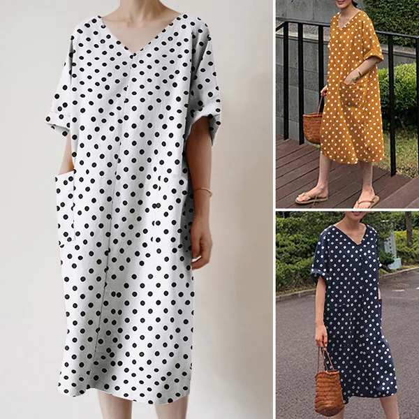 Women Short Sleeve V-Neck Kaftan Casual Summer Cotton Linen Dress Plus Size