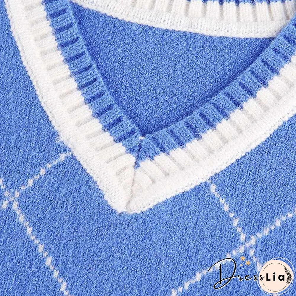 Checkered Cropped Knitted Tank Argyle Sleeveless Jumper