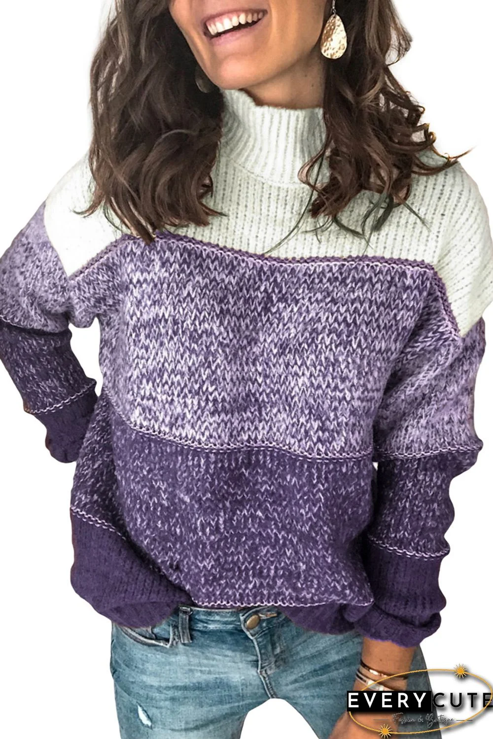 Purple Colorblock Knit Pullover Sweater