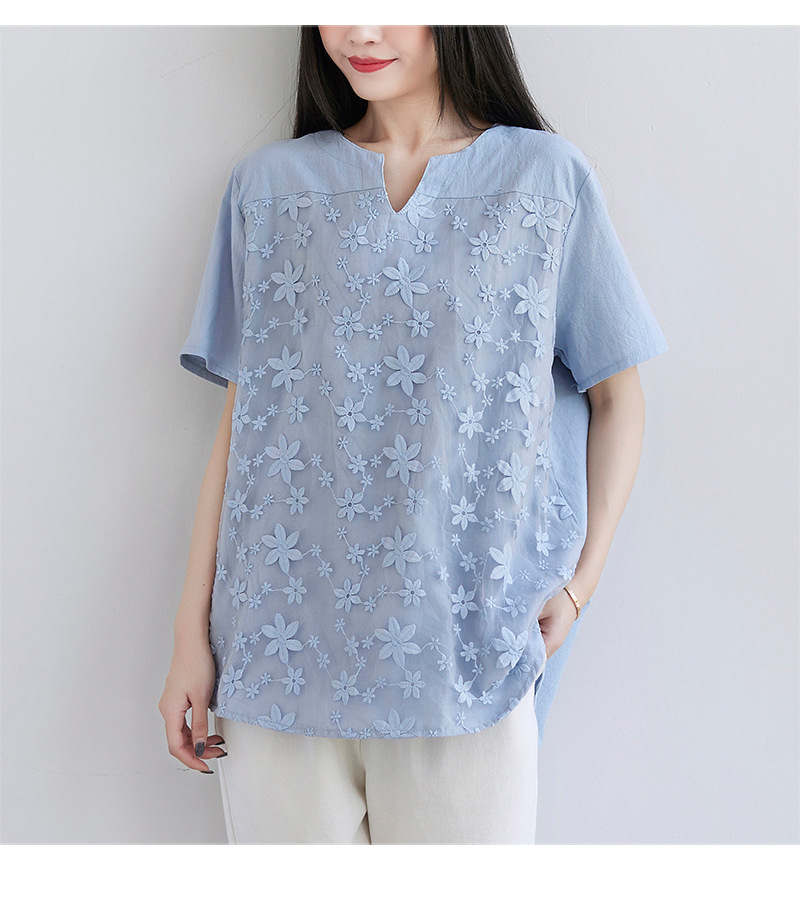 Women Lace Embroidery Solid Color Summer Casual T-shirts